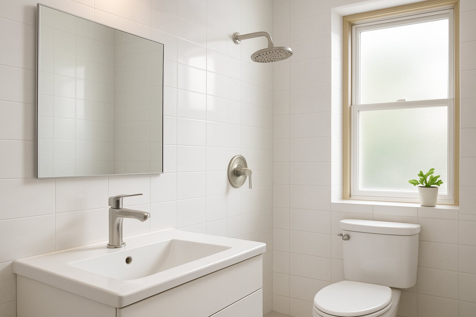 A modern bathroom with water-efficient fixtures, white tiles, a large mirror, and natural light.