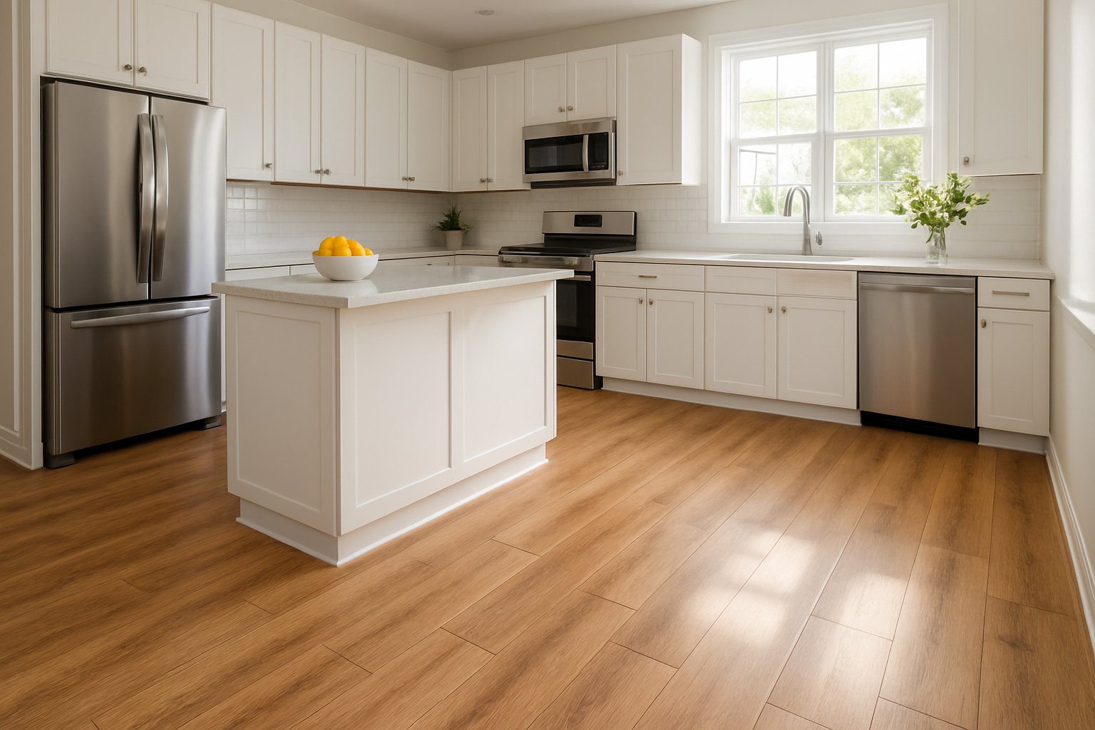 Modern kitchen with new laminate wood flooring, white cabinets, and stainless steel appliances.