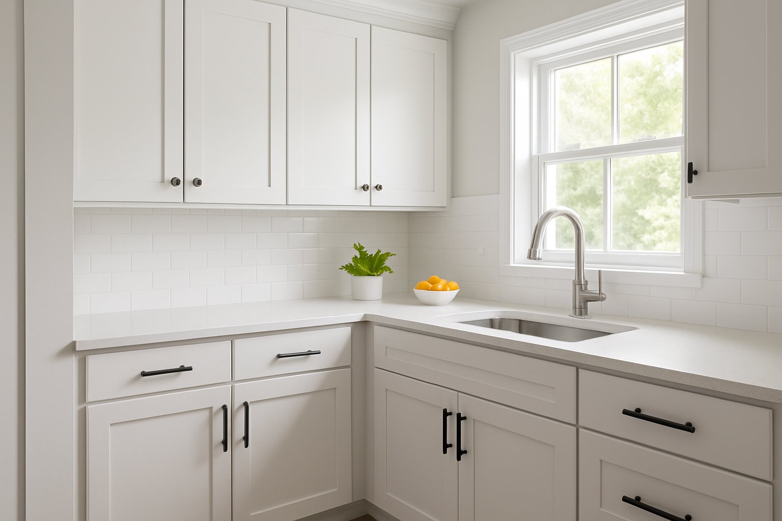 A modern kitchen with freshly painted cabinets and new hardware, brightened by natural light.