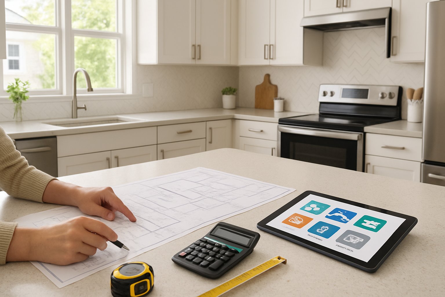 A modern kitchen with renovation plans, tools, and a person pointing at blueprints on the countertop.