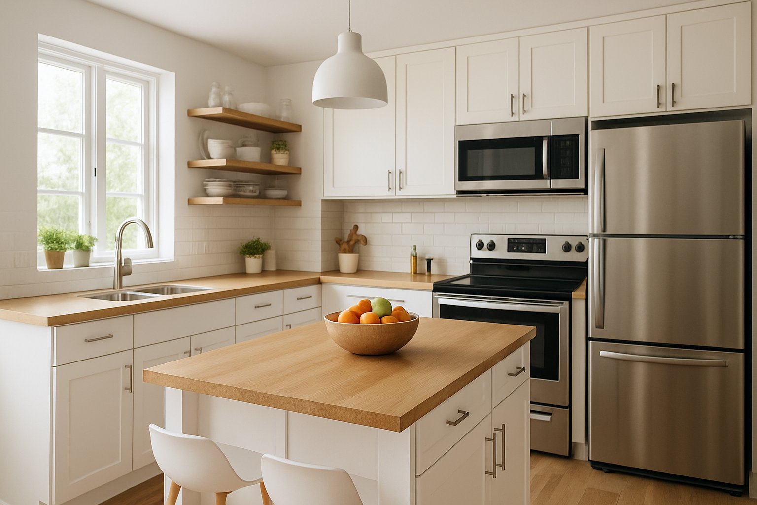 A modern kitchen with white cabinets, a wooden island countertop, stainless steel appliances, and natural light coming through large windows.