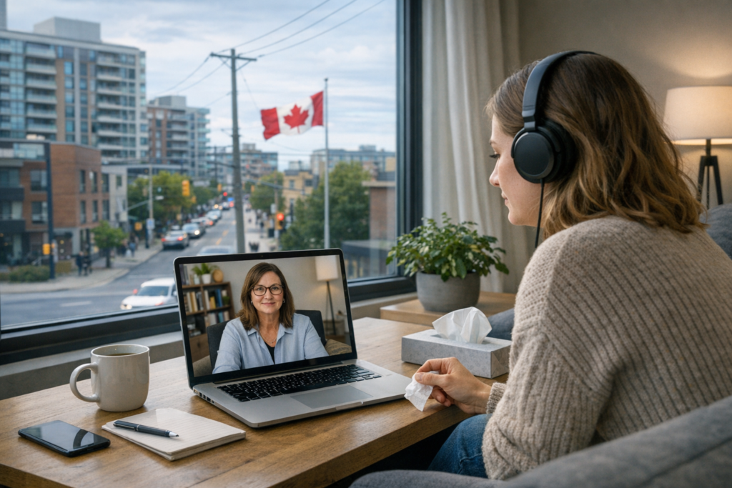 Illustration of a virtual therapy session on a computer screen