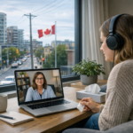 Illustration of a virtual therapy session on a computer screen