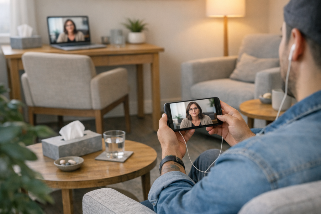 A virtual therapy session focused on substance addiction treatment