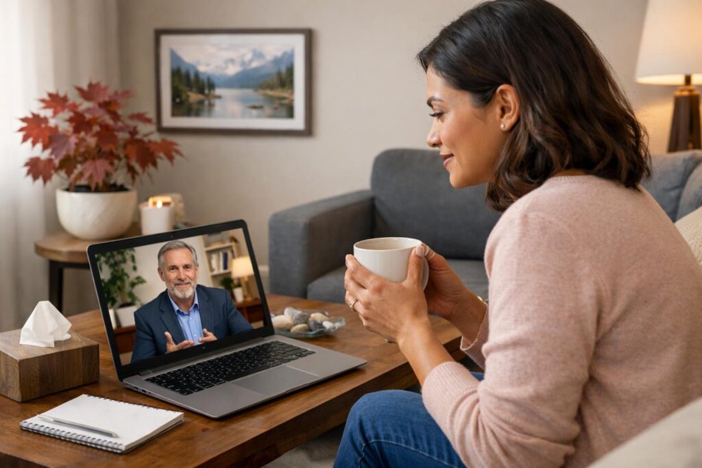 Person participating in a virtual therapy session for addiction treatment