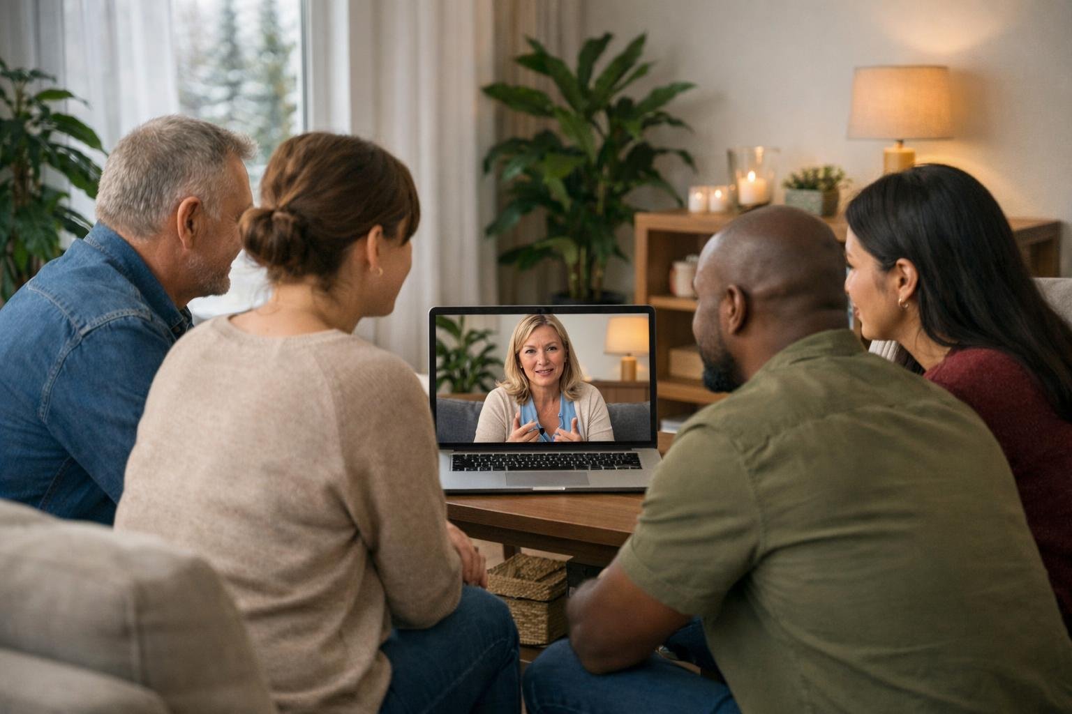 A diverse group of adults participating in a virtual therapy session on a laptop in a comfortable home setting.