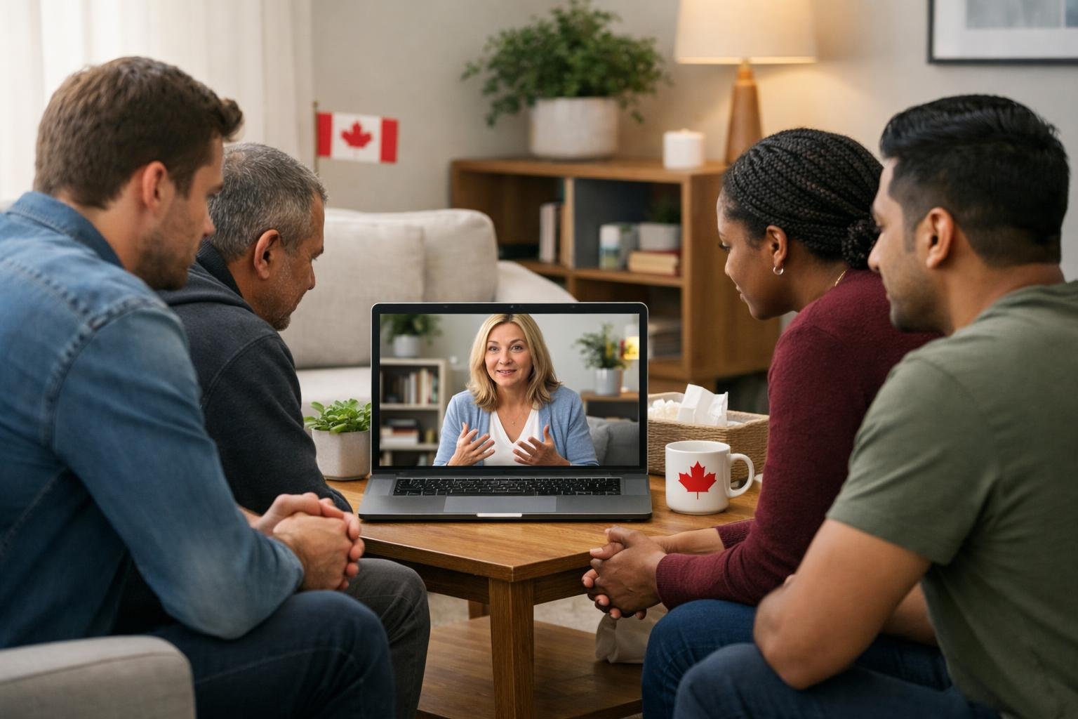 A diverse group of people participating in a virtual therapy session on a video call in a calm home office setting with a therapist visible on the screen.
