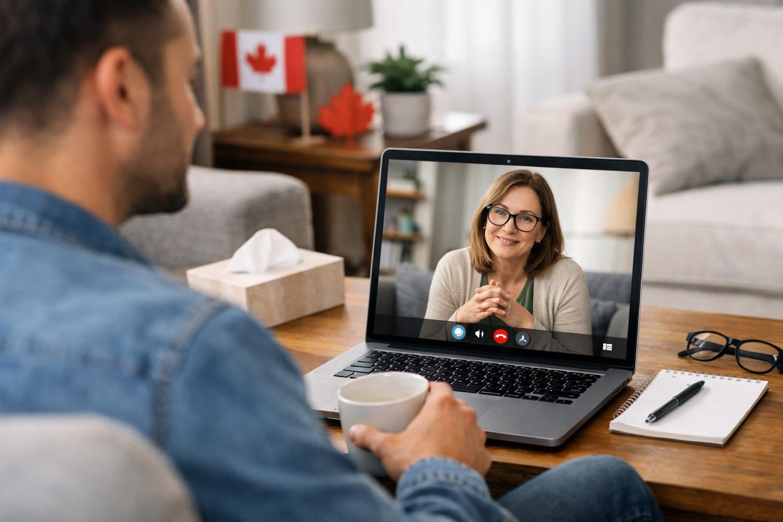 A person at home participating in a virtual therapy session on a laptop with a supportive therapist visible on the screen.