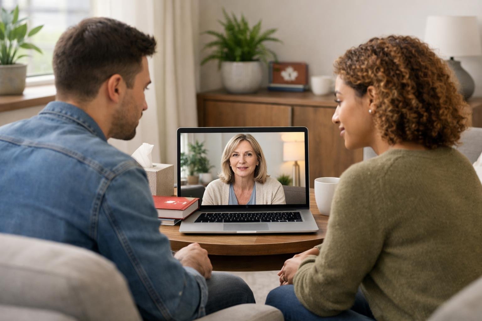 A diverse group of people participating in a virtual therapy session for addiction recovery, with a woman speaking on a laptop screen and others listening attentively in a bright living room.
