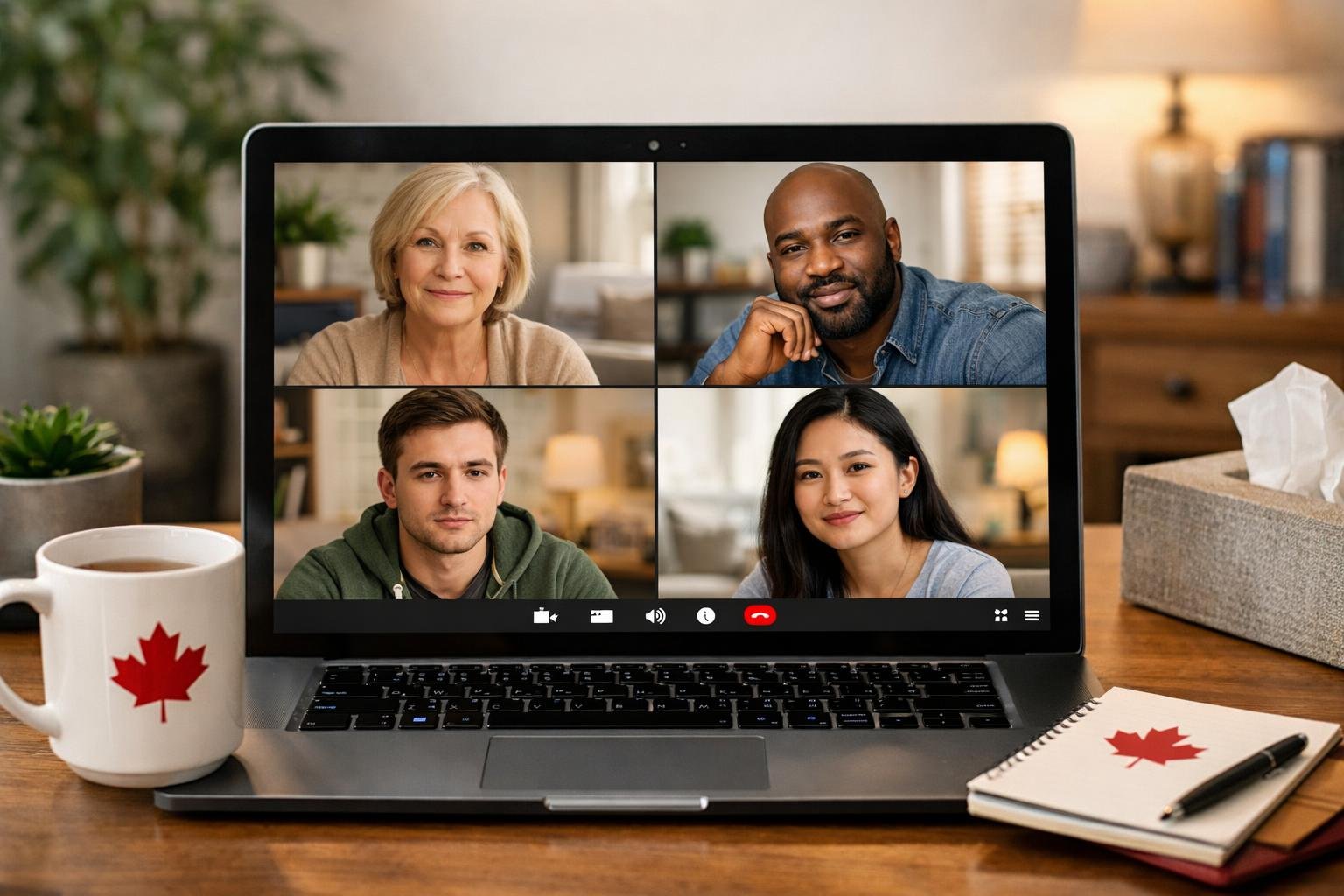 A group of diverse people participating in an online therapy session for addiction recovery, shown on a laptop screen in a cozy home setting.