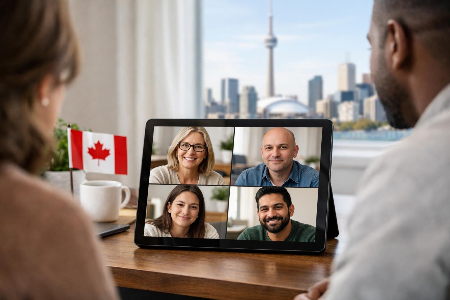 A diverse group of adults participating in a virtual therapy session on a laptop, with a Canadian flag visible in the background.