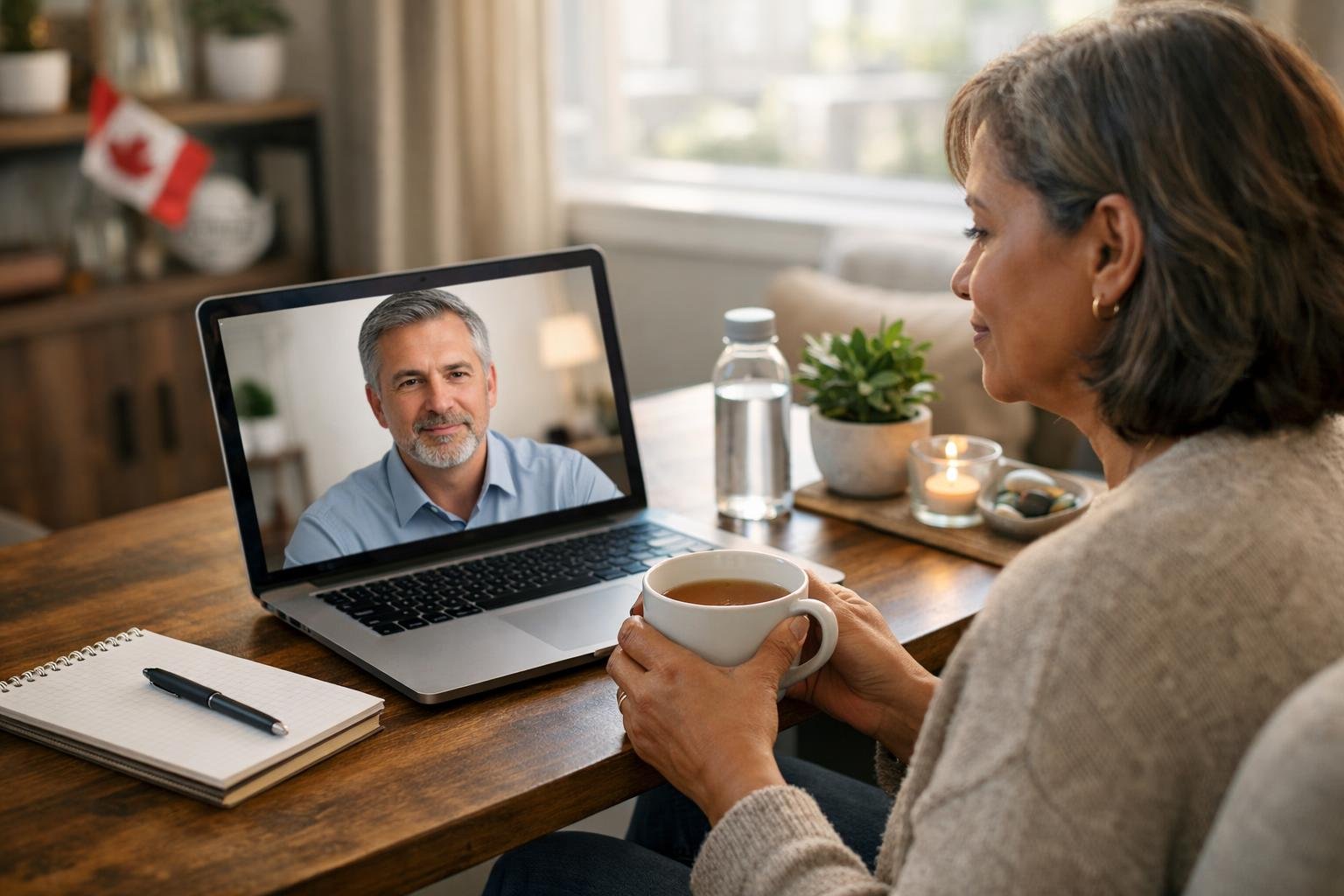 A woman at home participating in a virtual therapy session on her laptop, with a male therapist visible on the screen.