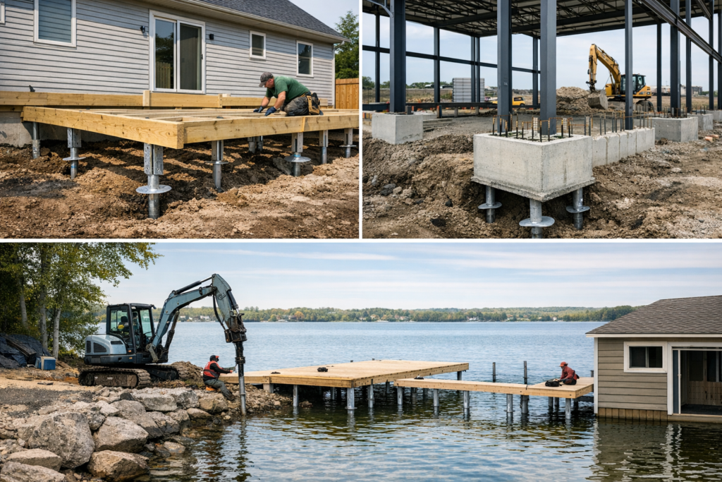 Collage showing helical piles supporting decks, foundations, and a lakeside dock