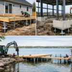 Collage showing helical piles supporting decks, foundations, and a lakeside dock